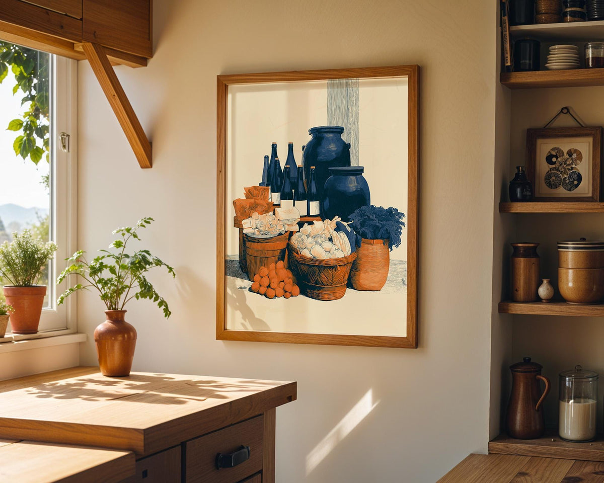 Rustic Mediterranean Pantry Print, Garlic Wine Kitchen Art, Italian Farmhouse Decor Poster (Framed Option) by The Wall Art...