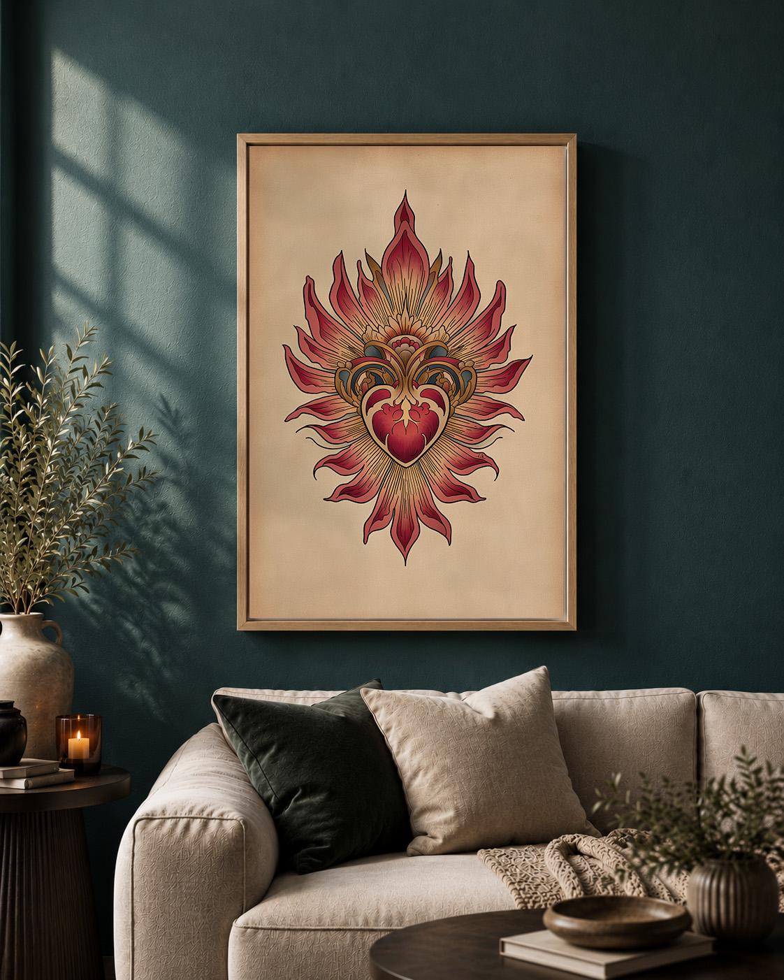 Sacred Heart Tattoo Style Framed Canvas Art, Vintage Boho Spiritual Wall Decor by The Wall Art Studio - physical