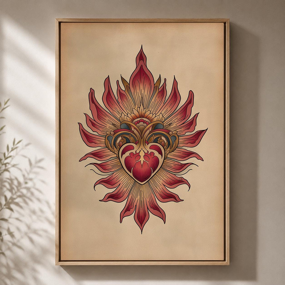 Sacred Heart Tattoo Style Framed Canvas Art, Vintage Boho Spiritual Wall Decor by The Wall Art Studio - physical
