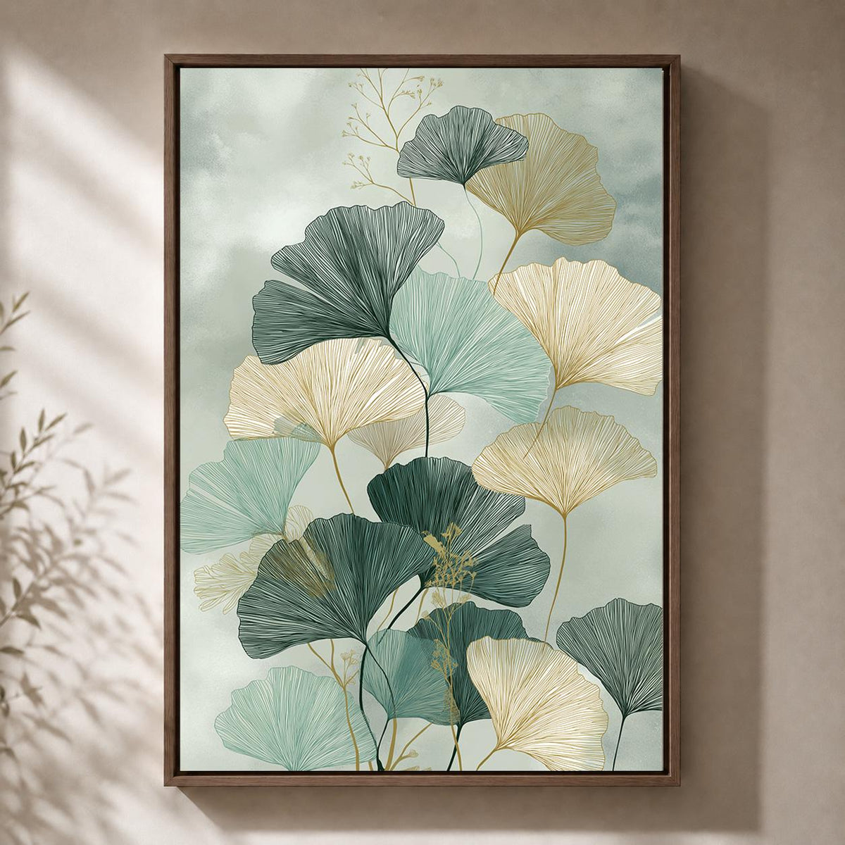 Sage Green Ginkgo Leaf Framed Canvas, Japandi Botanical Wall Art, Minimalist Nature Decor by The Wall Art Studio - physical