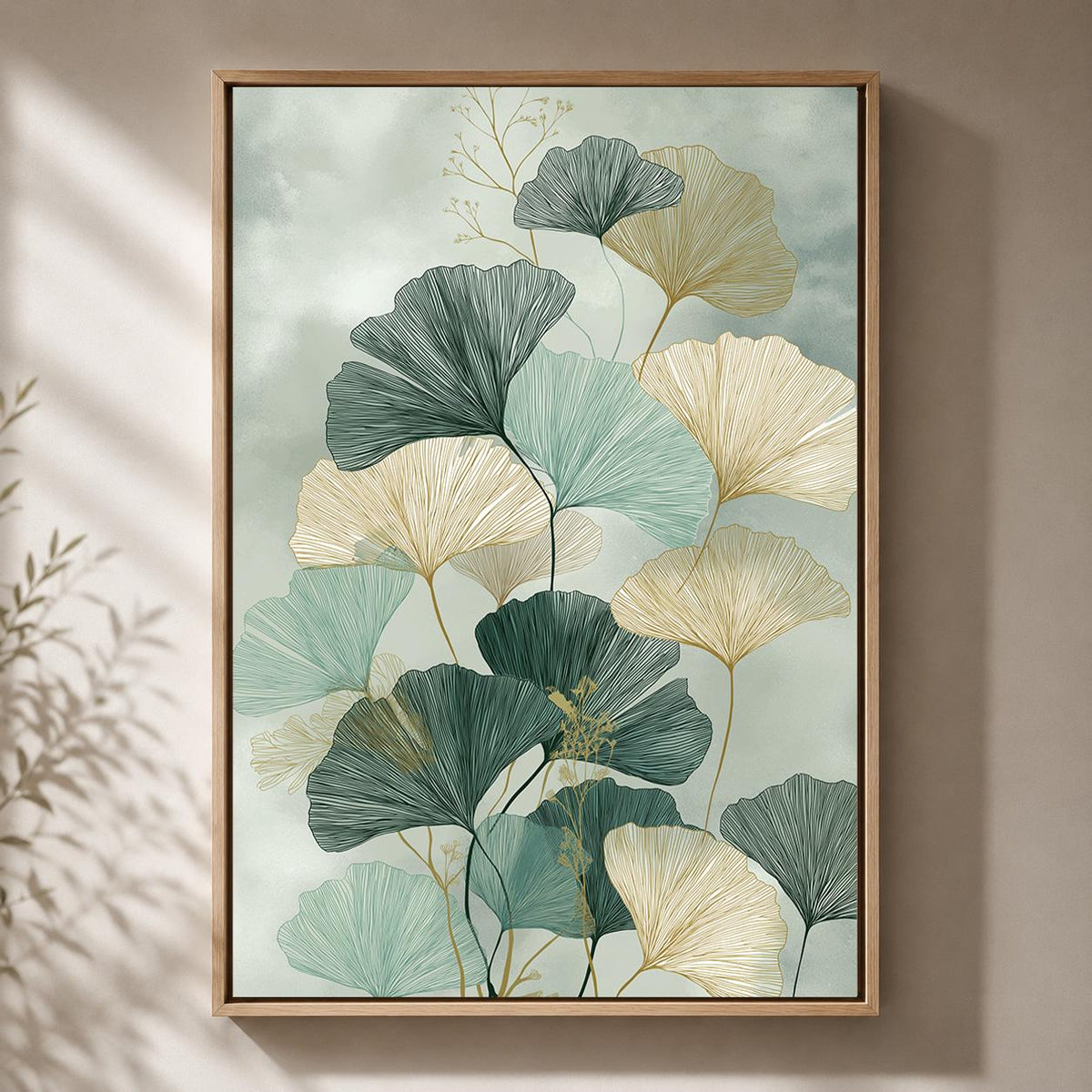 Sage Green Ginkgo Leaf Framed Canvas, Japandi Botanical Wall Art, Minimalist Nature Decor by The Wall Art Studio - physical