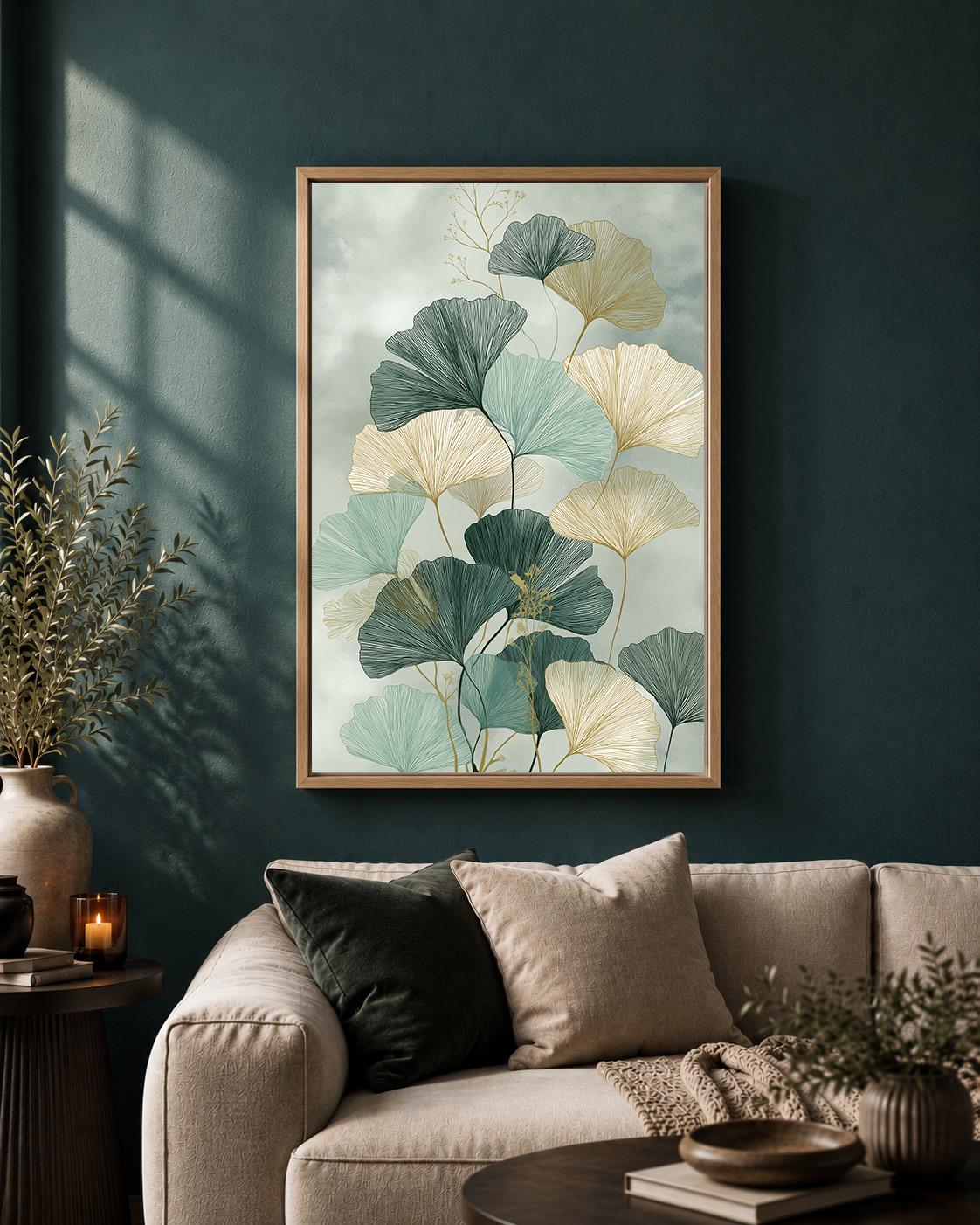 Sage Green Ginkgo Leaf Framed Canvas, Japandi Botanical Wall Art, Minimalist Nature Decor by The Wall Art Studio - physical