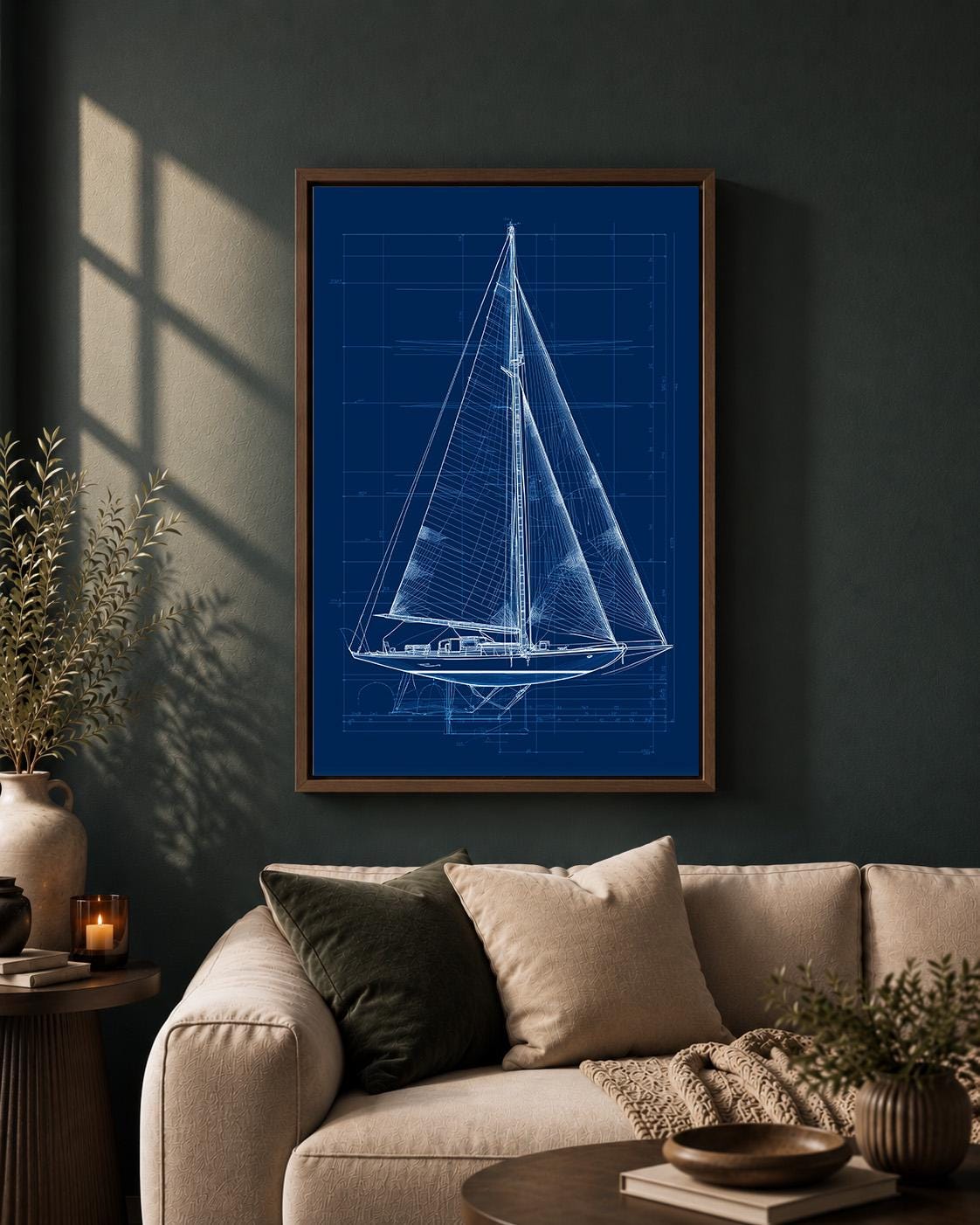 Sailboat Blueprint Framed Canvas Art, Nautical Sailing Print, Navy Yacht Patent Artwork, Coastal Decor by The Wall Art Stu...
