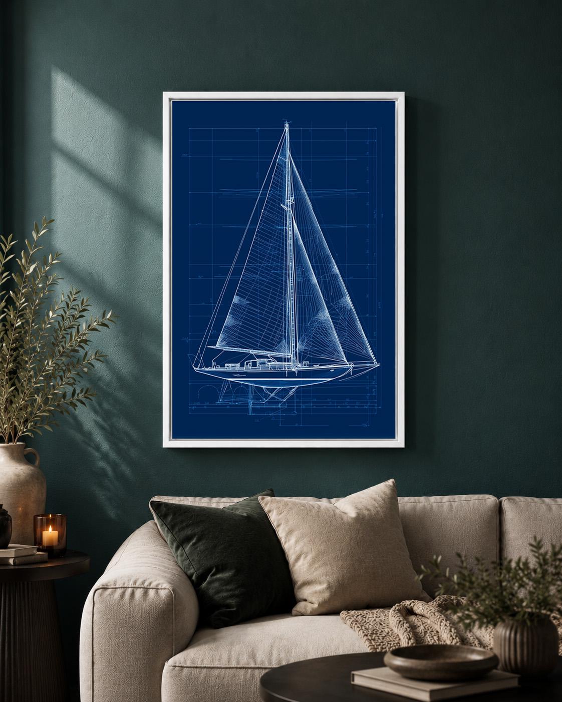 Sailboat Blueprint Framed Canvas Art, Nautical Sailing Print, Navy Yacht Patent Artwork, Coastal Decor by The Wall Art Stu...