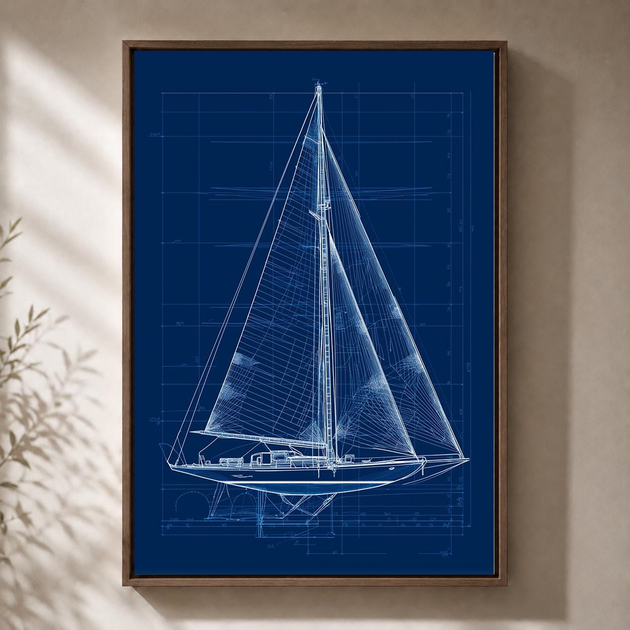 Sailboat Blueprint Framed Canvas Art, Nautical Sailing Print, Navy Yacht Patent Artwork, Coastal Decor by The Wall Art Stu...