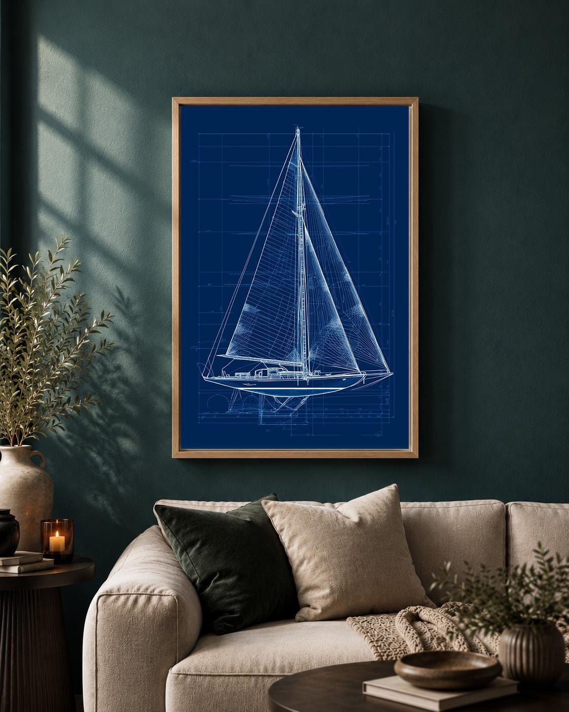 Sailboat Blueprint Framed Canvas Art, Nautical Sailing Print, Navy Yacht Patent Artwork, Coastal Decor by The Wall Art Stu...
