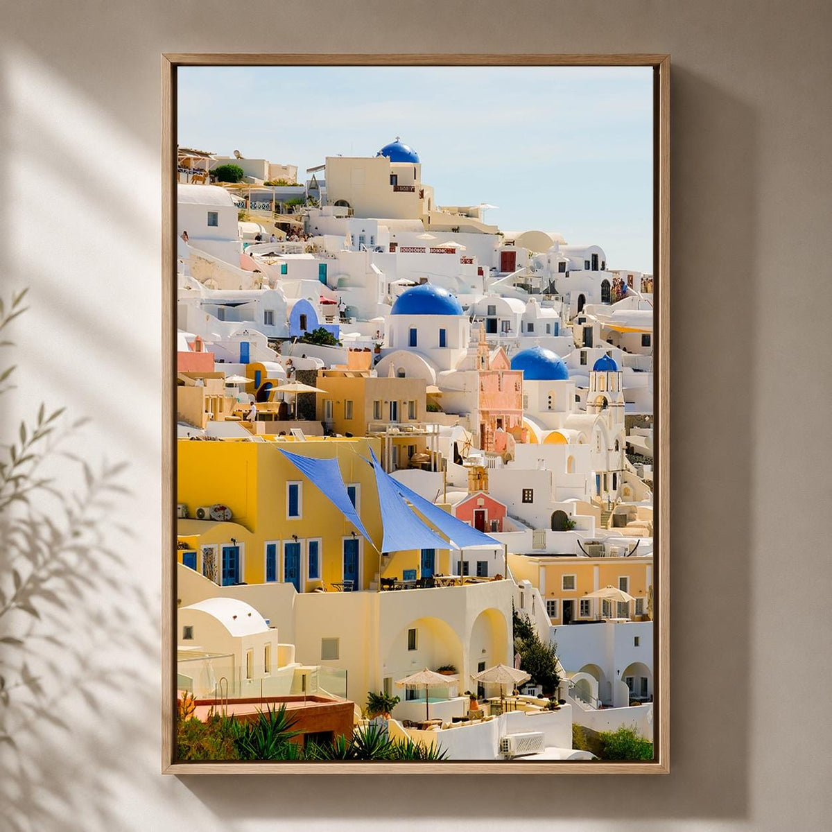 Santorini Framed Canvas Print, Greece Travel Photography, Blue Dome Mediterranean Coastal Art by The Wall Art Studio - phy...