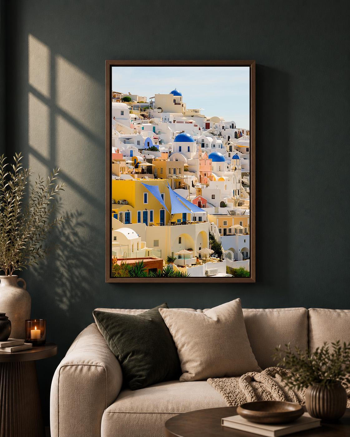 Santorini Framed Canvas Print, Greece Travel Photography, Blue Dome Mediterranean Coastal Art by The Wall Art Studio - phy...