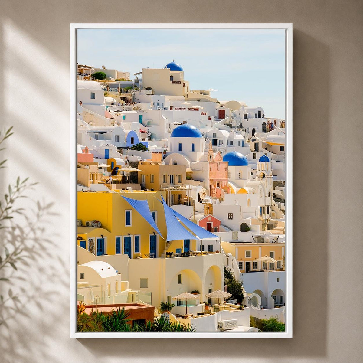 Santorini Framed Canvas Print, Greece Travel Photography, Blue Dome Mediterranean Coastal Art by The Wall Art Studio - phy...