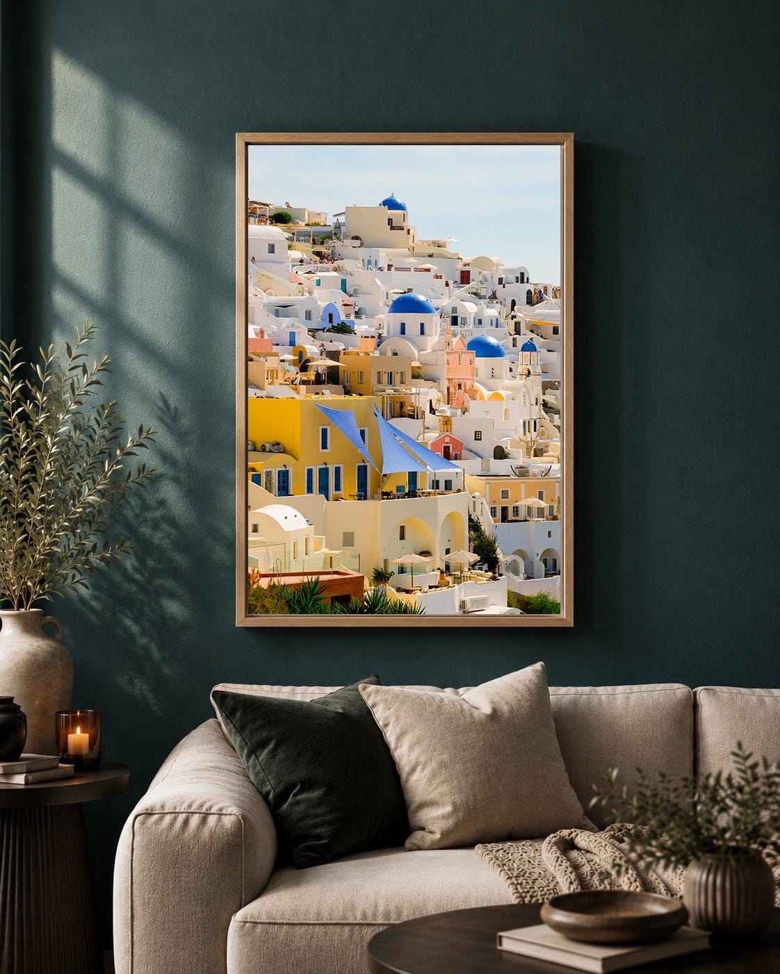 Santorini Framed Canvas Print, Greece Travel Photography, Blue Dome Mediterranean Coastal Art by The Wall Art Studio - phy...
