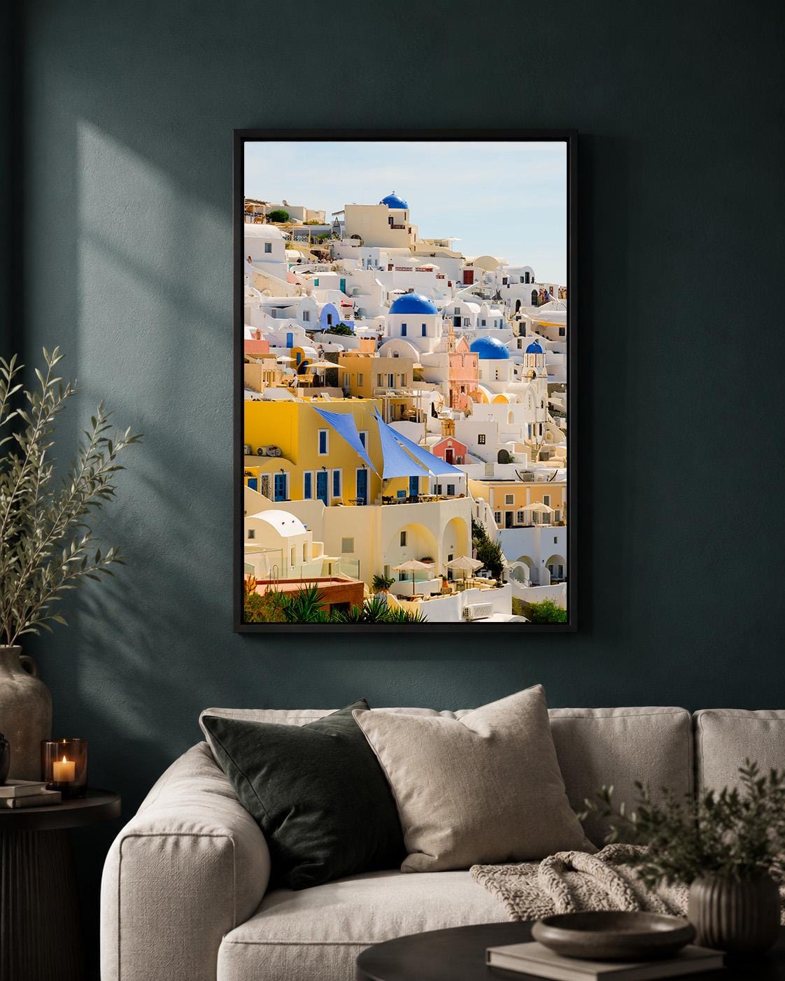 Santorini Framed Canvas Print, Greece Travel Photography, Blue Dome Mediterranean Coastal Art by The Wall Art Studio - phy...
