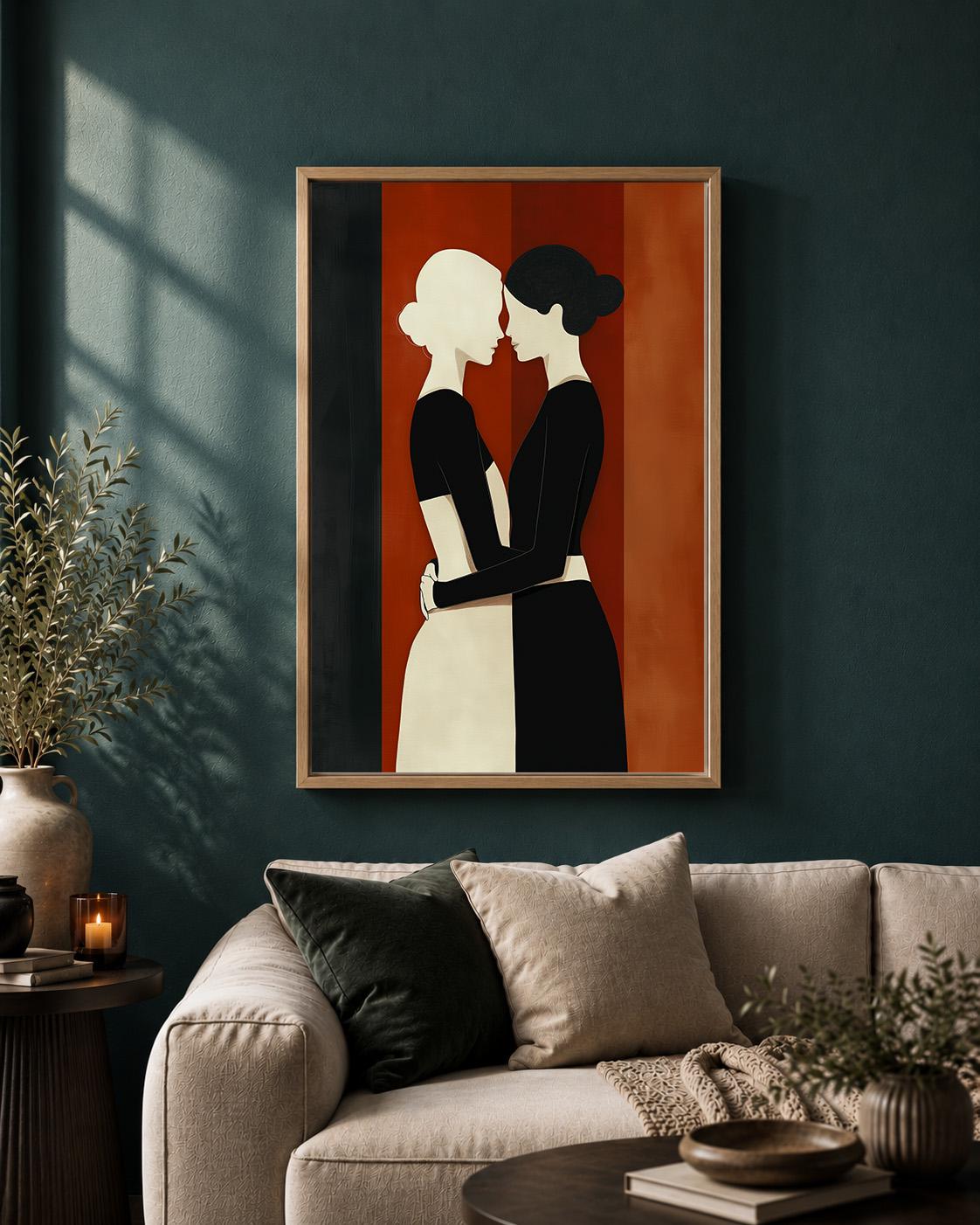 Sapphic Love Framed Canvas Wall Art, LGBTQ Couple Framed Canvas, Minimalist Lesbian Art, Modern Romance Decor, Pride Gift...