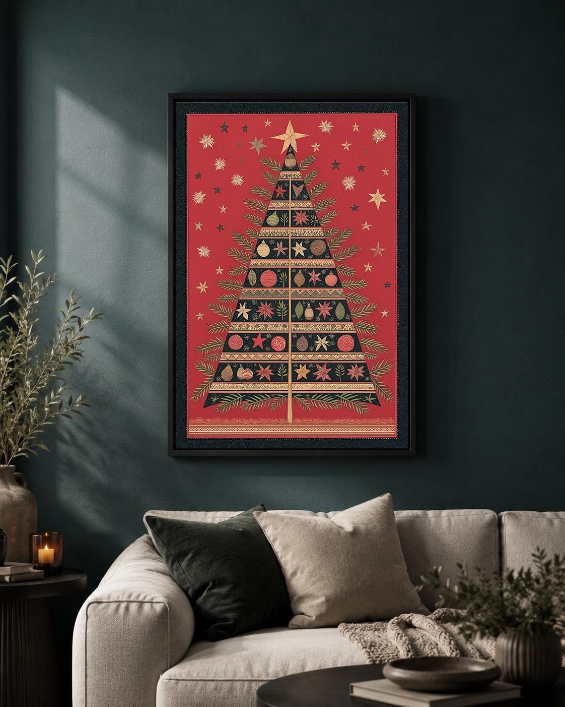 Scandinavian Christmas Tree Framed Canvas Wall Art, Nordic Holiday Framed Canvas, Festive Christmas Canvas Wall Art Decor...