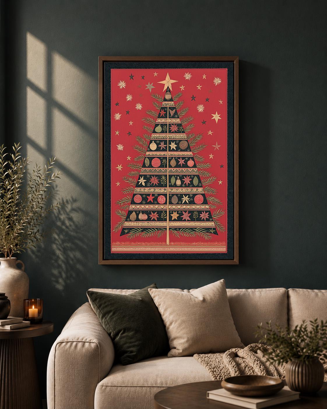 Scandinavian Christmas Tree Framed Canvas Wall Art, Nordic Holiday Framed Canvas, Festive Christmas Canvas Wall Art Decor...
