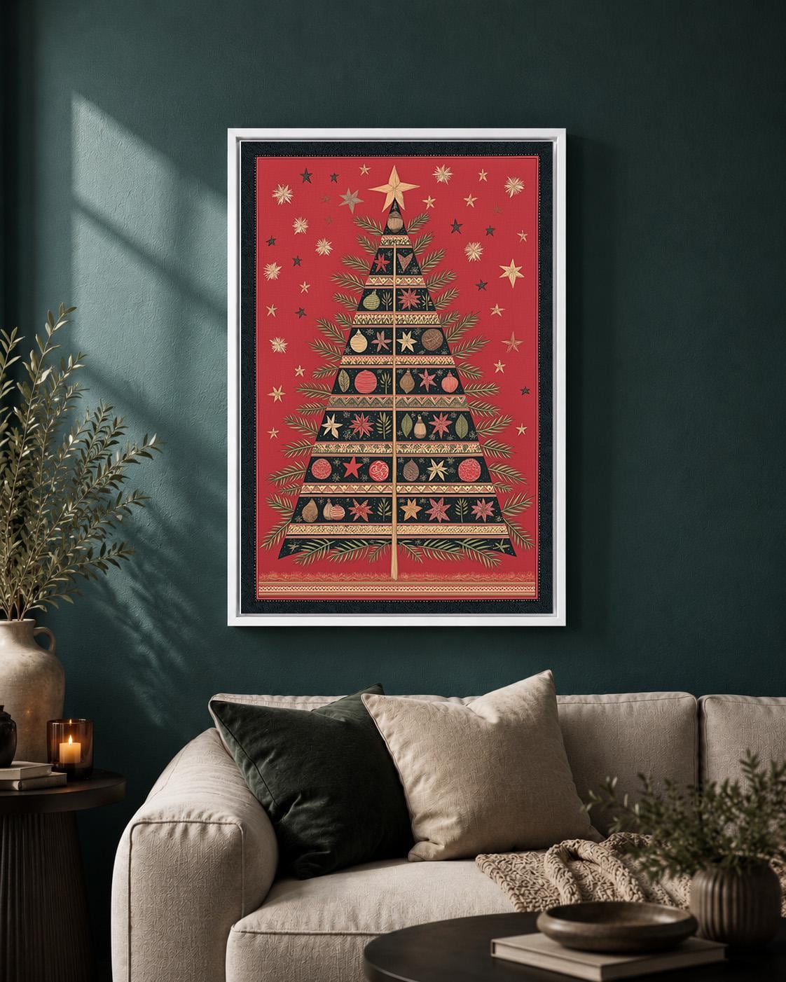 Scandinavian Christmas Tree Framed Canvas Wall Art, Nordic Holiday Framed Canvas, Festive Christmas Canvas Wall Art Decor...
