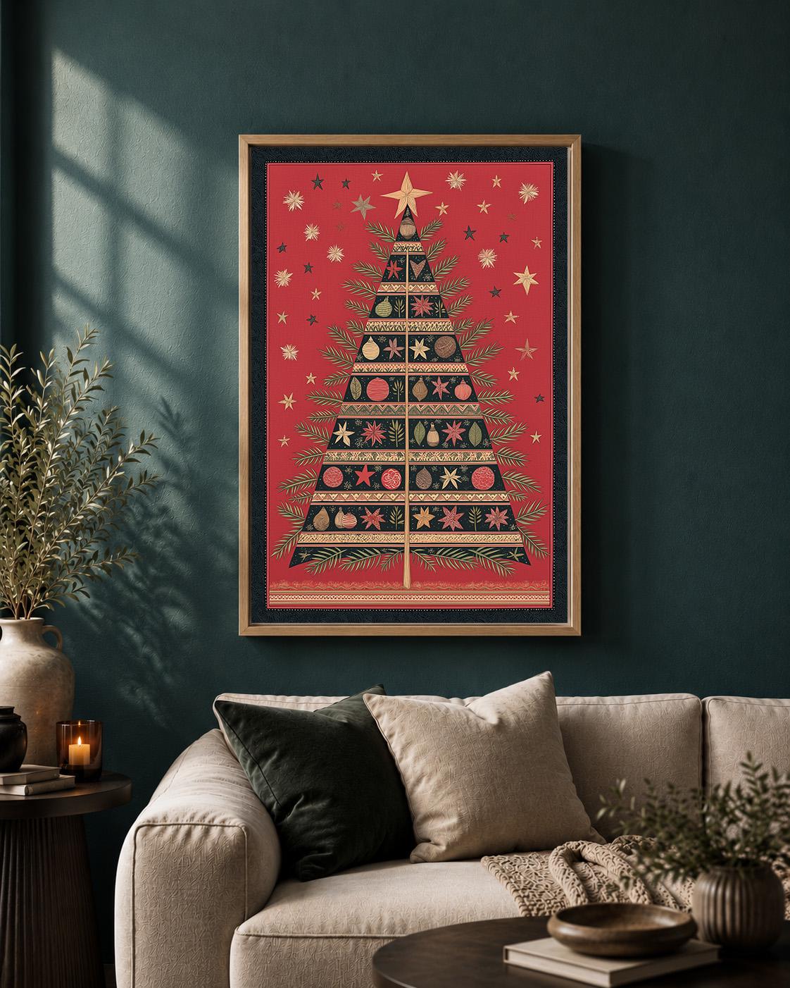 Scandinavian Christmas Tree Framed Canvas Wall Art, Nordic Holiday Framed Canvas, Festive Christmas Canvas Wall Art Decor...