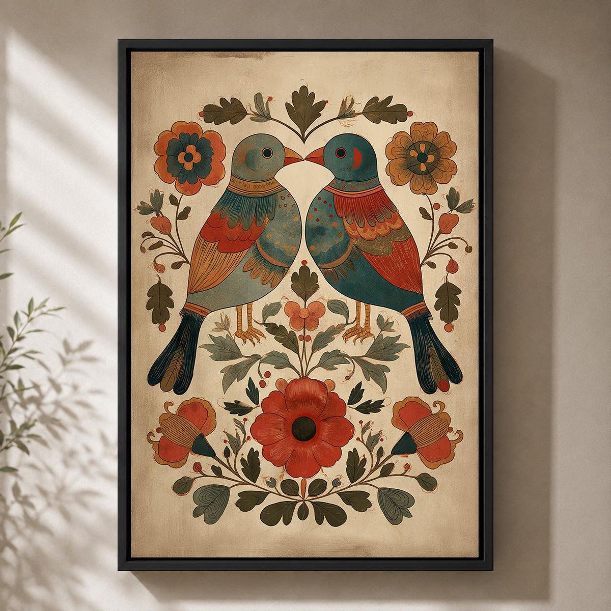 Scandinavian Folk Art Bird Framed Canvas Print, Nordic Floral Wall Decor by The Wall Art Studio - physical