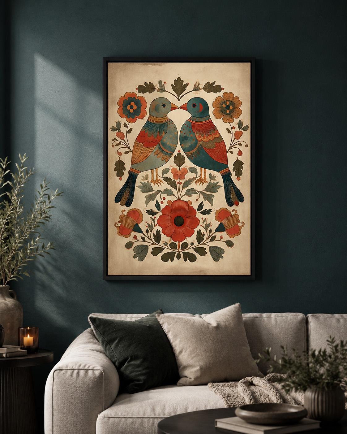 Scandinavian Folk Art Bird Framed Canvas Print, Nordic Floral Wall Decor by The Wall Art Studio - physical