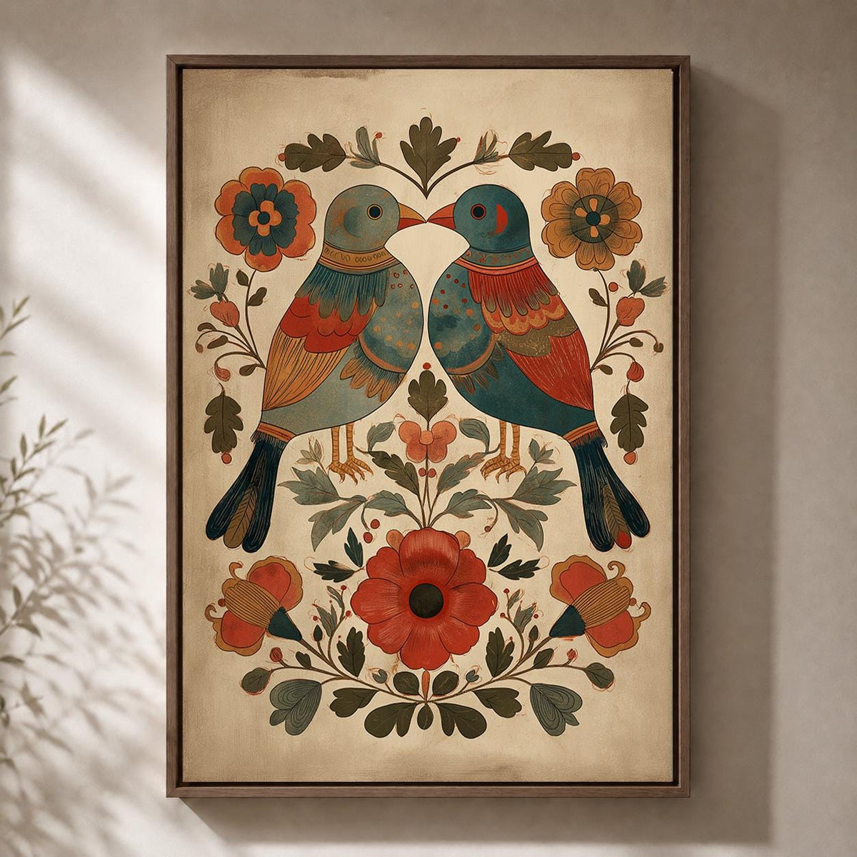 Scandinavian Folk Art Bird Framed Canvas Print, Nordic Floral Wall Decor by The Wall Art Studio - physical