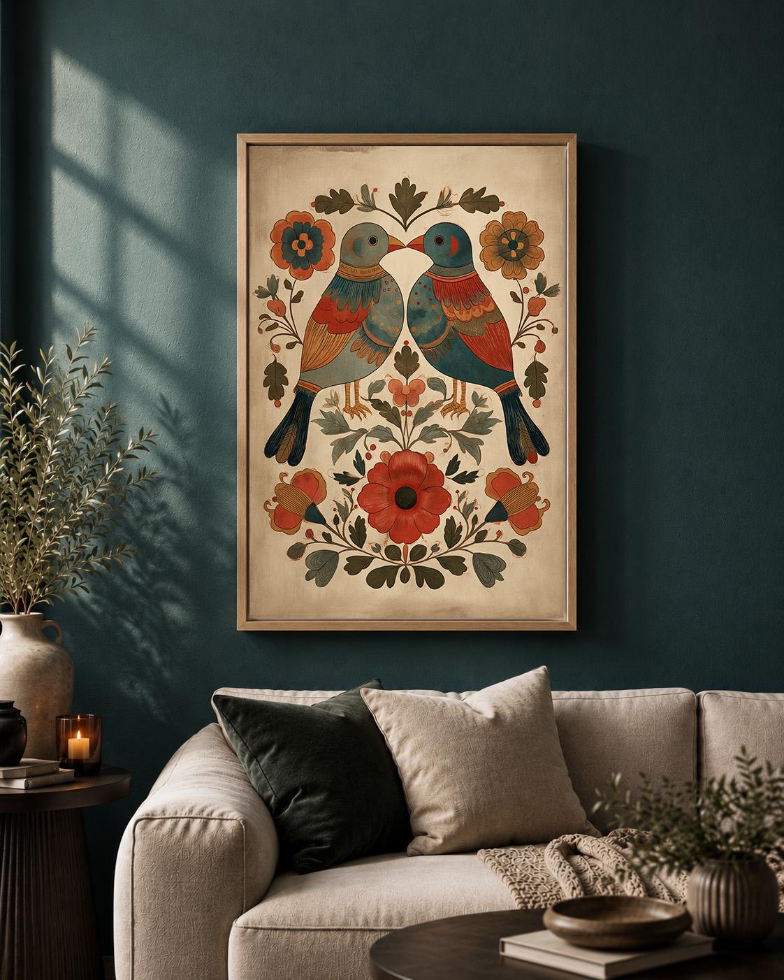 Scandinavian Folk Art Bird Framed Canvas Print, Nordic Floral Wall Decor by The Wall Art Studio - physical