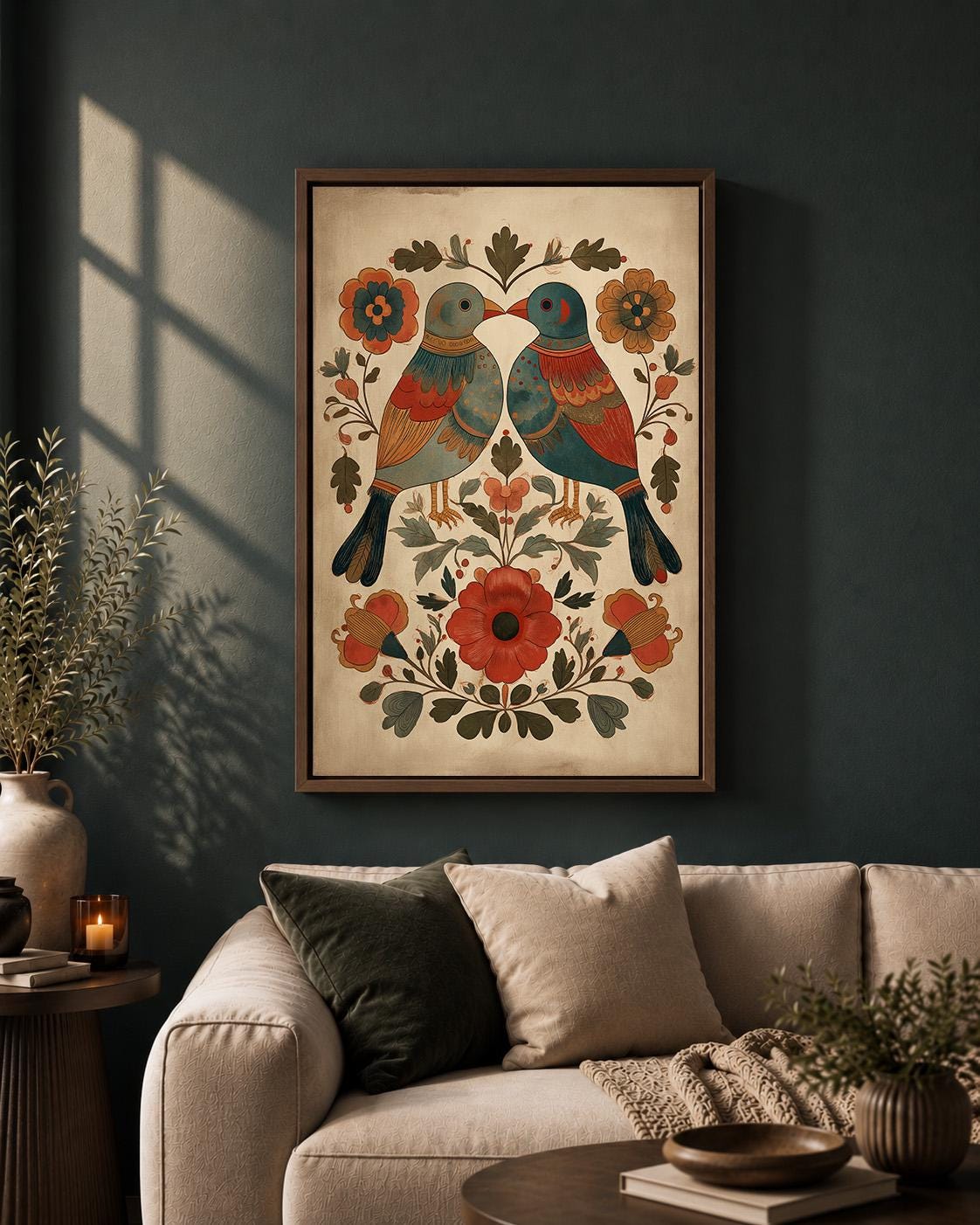 Scandinavian Folk Art Bird Framed Canvas Print, Nordic Floral Wall Decor by The Wall Art Studio - physical