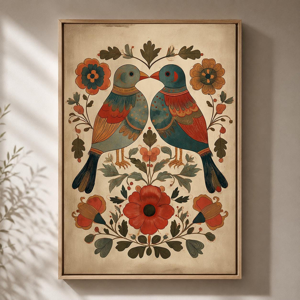Scandinavian Folk Art Bird Framed Canvas Print, Nordic Floral Wall Decor by The Wall Art Studio - physical