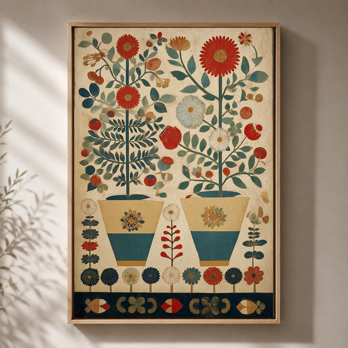 Scandinavian Folk Art Floral Framed Canvas, Nordic Botanical Wall Art by The Wall Art Studio - physical