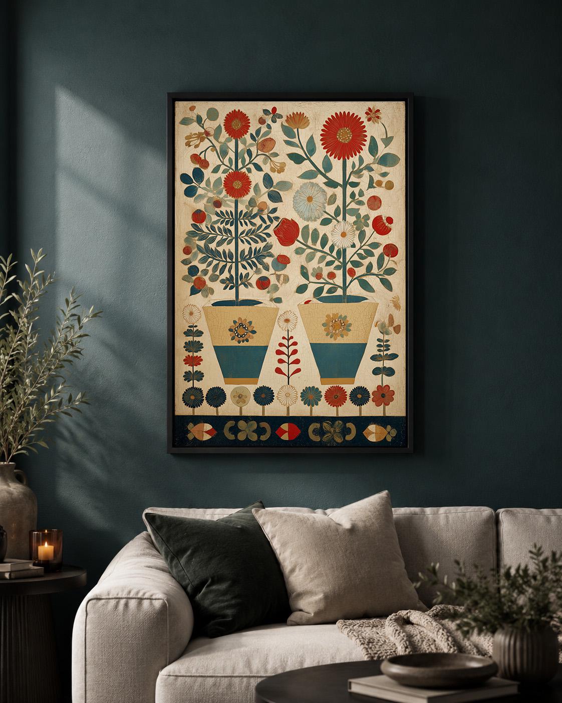Scandinavian Folk Art Floral Framed Canvas, Nordic Botanical Wall Art by The Wall Art Studio - physical