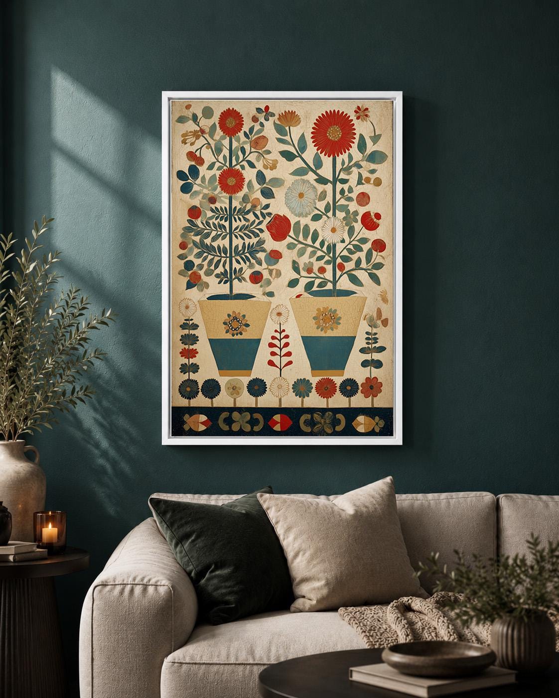 Scandinavian Folk Art Floral Framed Canvas, Nordic Botanical Wall Art by The Wall Art Studio - physical