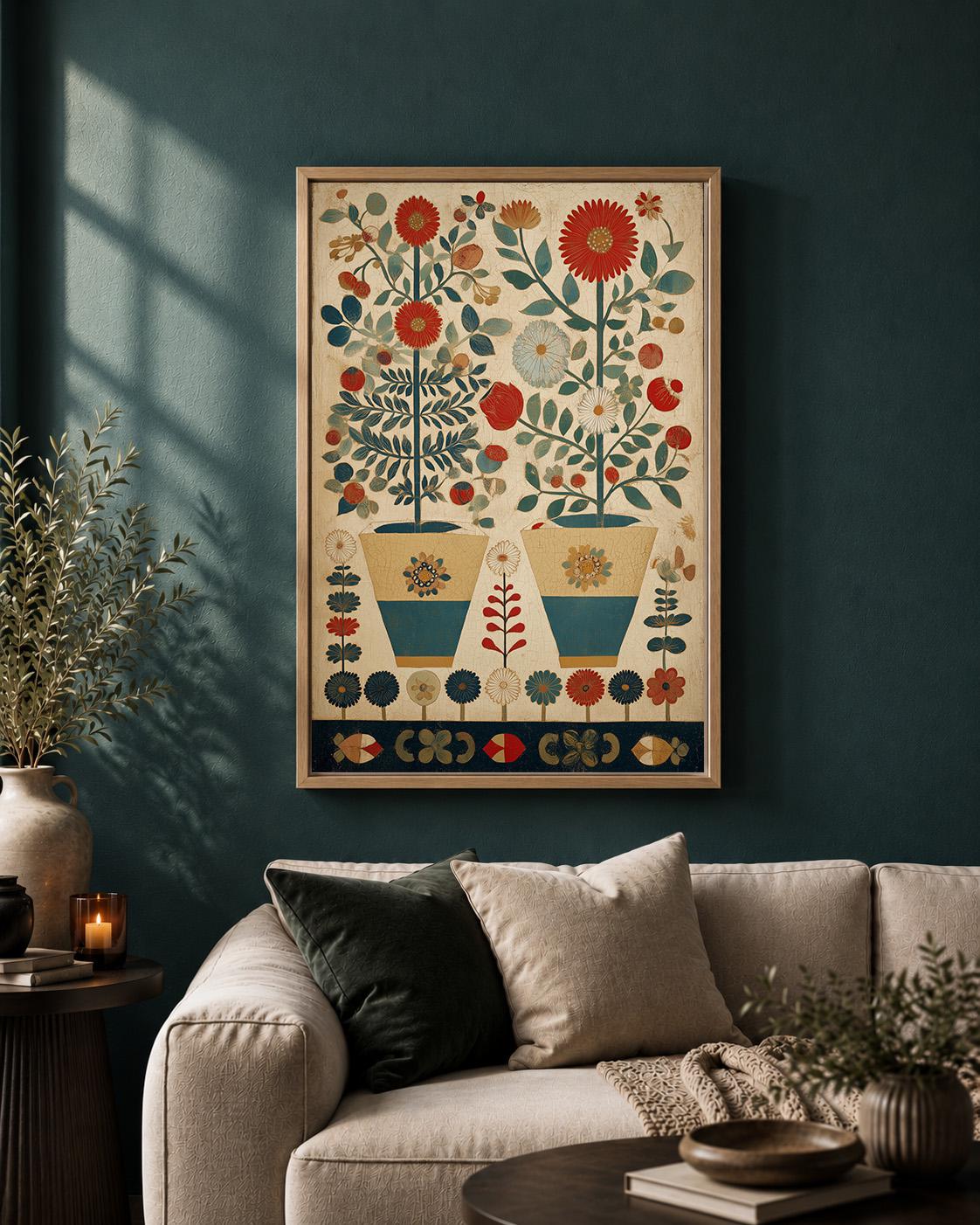 Scandinavian Folk Art Floral Framed Canvas, Nordic Botanical Wall Art by The Wall Art Studio - physical