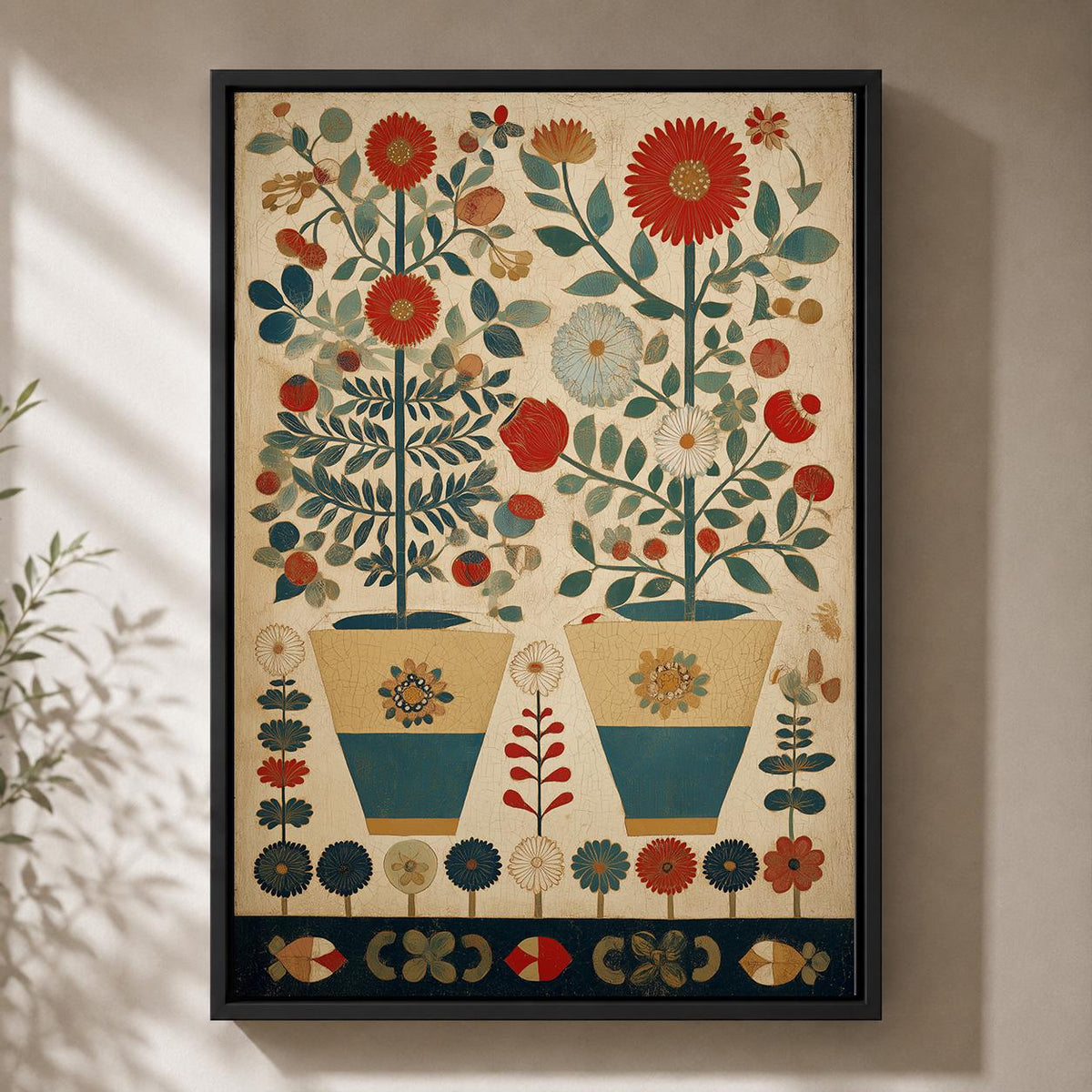Scandinavian Folk Art Floral Framed Canvas, Nordic Botanical Wall Art by The Wall Art Studio - physical