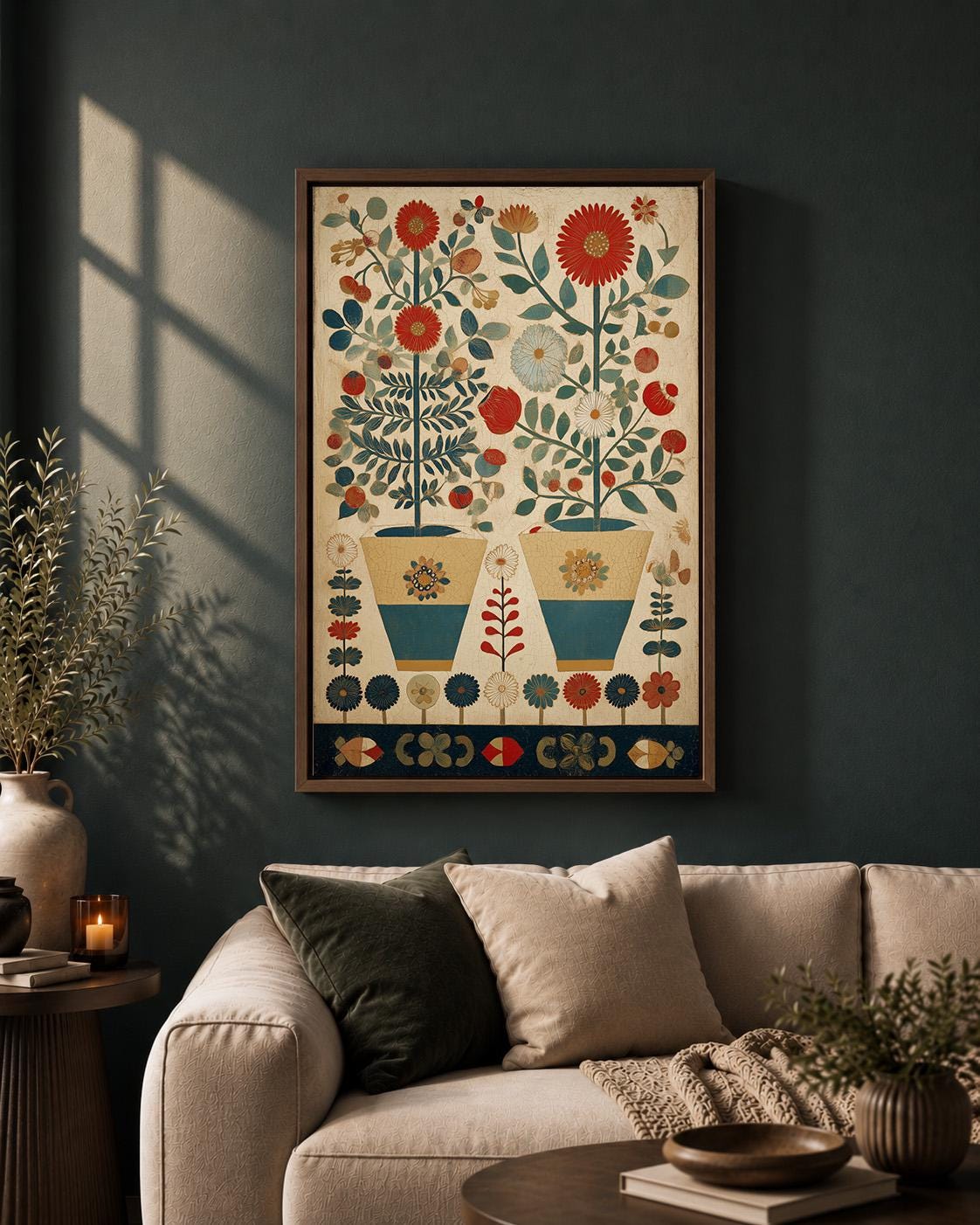 Scandinavian Folk Art Floral Framed Canvas, Nordic Botanical Wall Art by The Wall Art Studio - physical