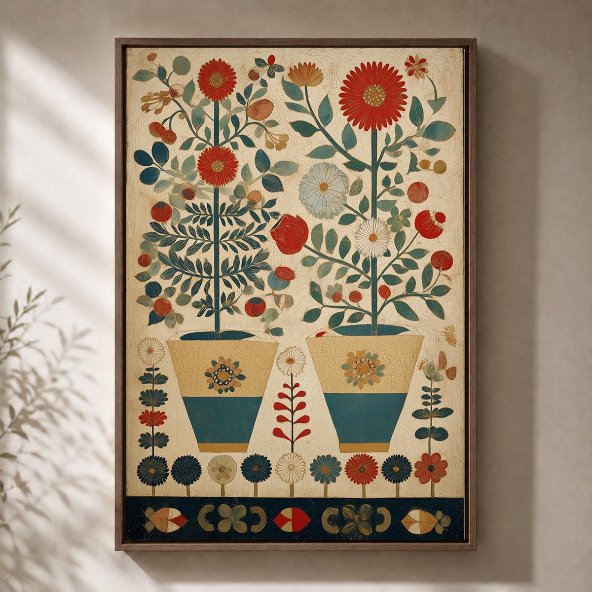 Scandinavian Folk Art Floral Framed Canvas, Nordic Botanical Wall Art by The Wall Art Studio - physical