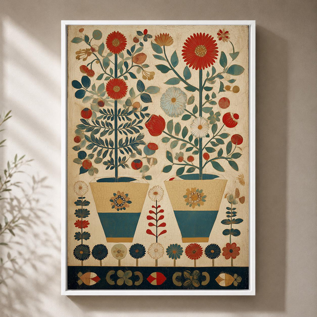 Scandinavian Folk Art Floral Framed Canvas, Nordic Botanical Wall Art by The Wall Art Studio - physical