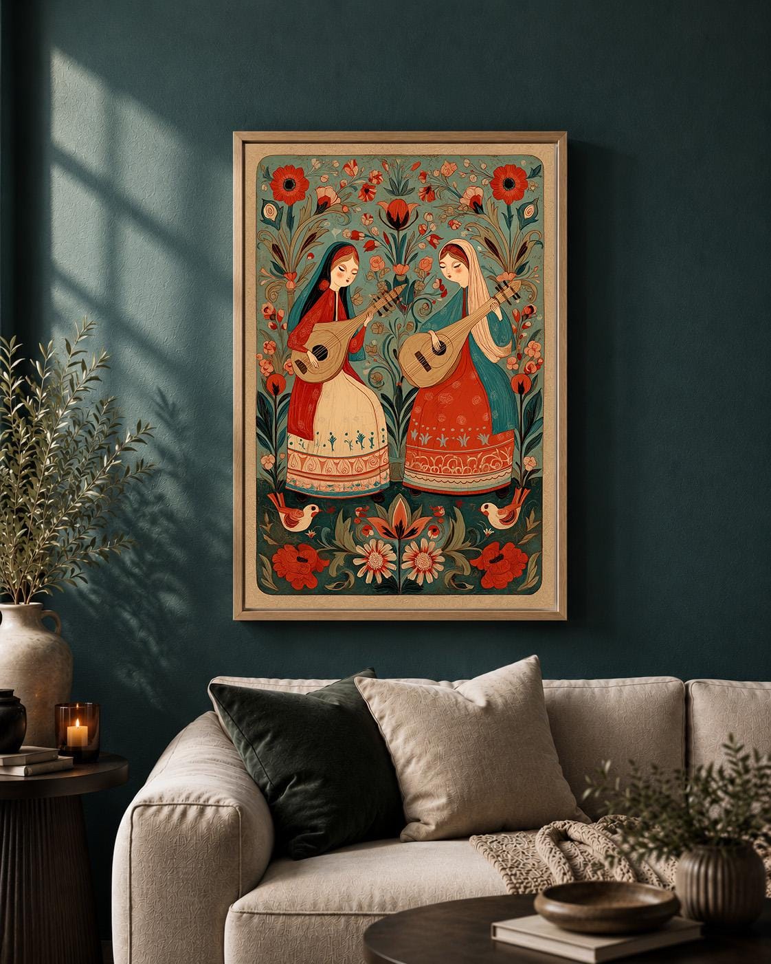 Scandinavian Folk Art Musicians Framed Canvas Print, Boho Floral Wall Decor by The Wall Art Studio - physical