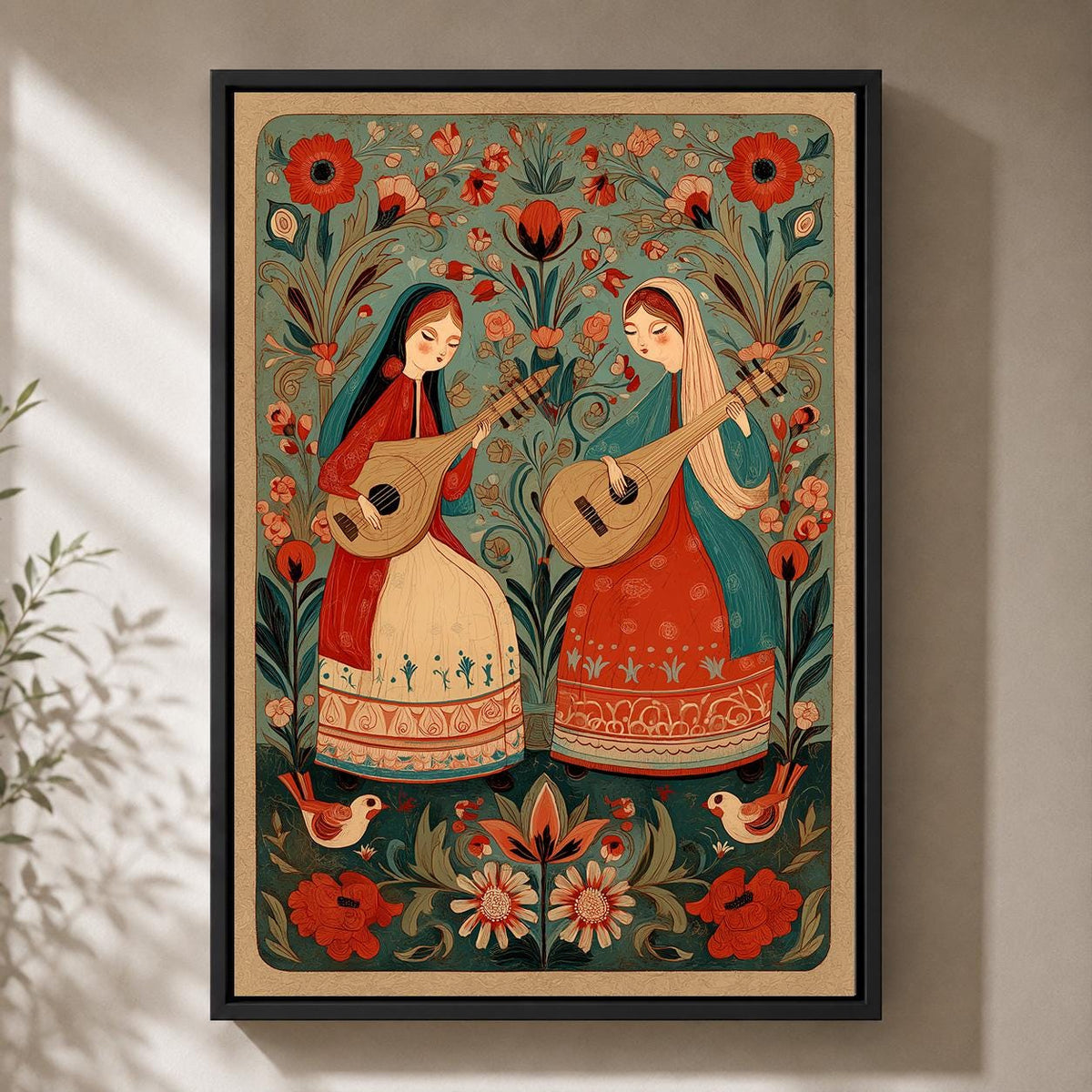 Scandinavian Folk Art Musicians Framed Canvas Print, Boho Floral Wall Decor by The Wall Art Studio - physical