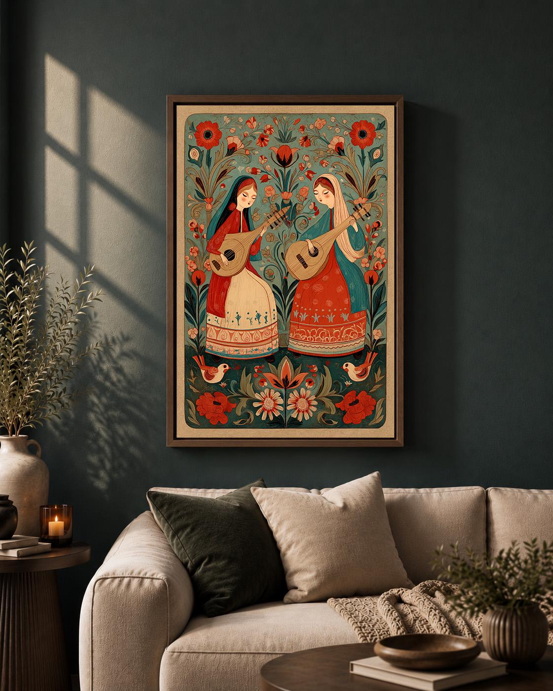 Scandinavian Folk Art Musicians Framed Canvas Print, Boho Floral Wall Decor by The Wall Art Studio - physical