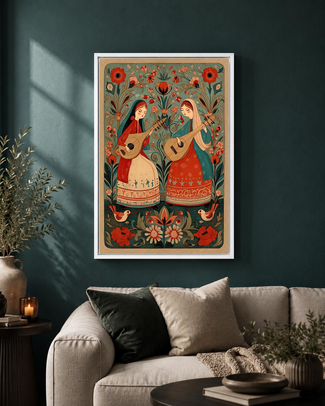 Scandinavian Folk Art Musicians Framed Canvas Print, Boho Floral Wall Decor by The Wall Art Studio - physical