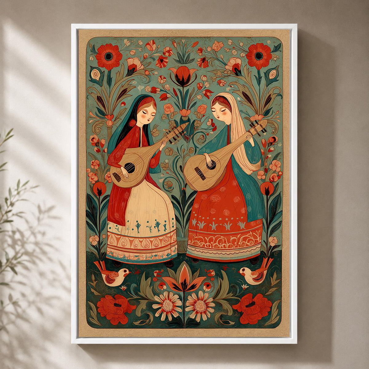 Scandinavian Folk Art Musicians Framed Canvas Print, Boho Floral Wall Decor by The Wall Art Studio - physical