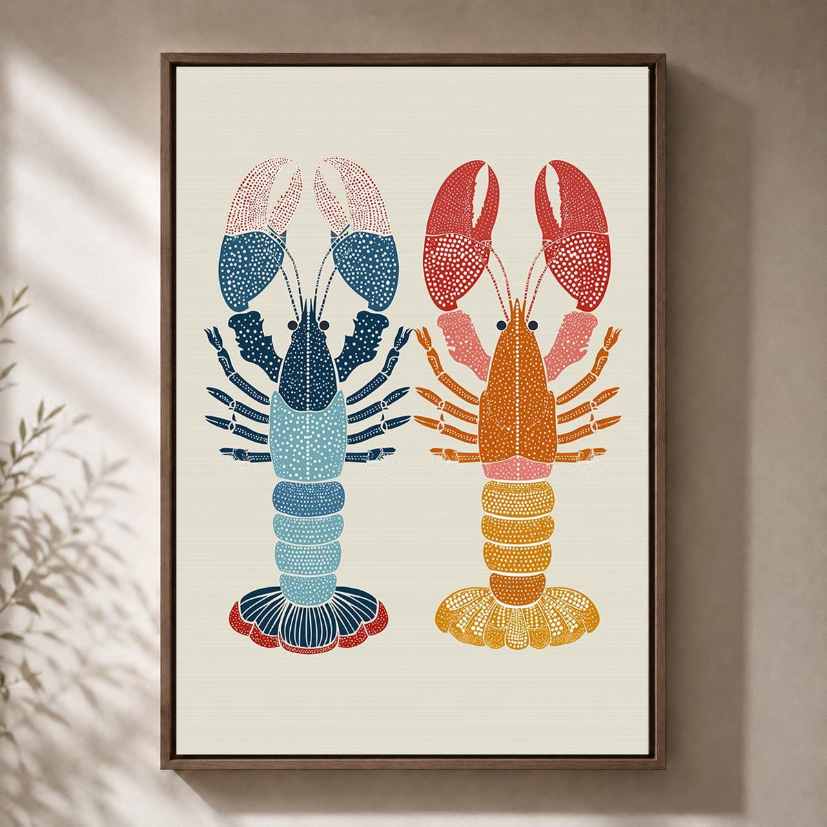 Scandinavian Lobster Folk Art Framed Canvas Print, Coastal Kitchen Decor by The Wall Art Studio - physical