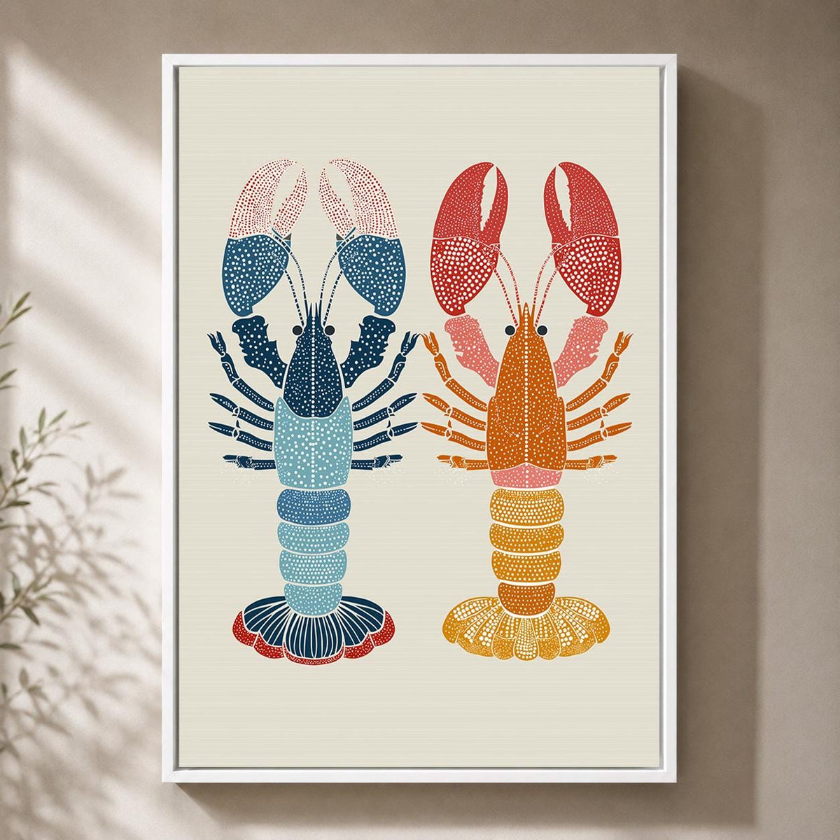 Scandinavian Lobster Folk Art Framed Canvas Print, Coastal Kitchen Decor by The Wall Art Studio - physical