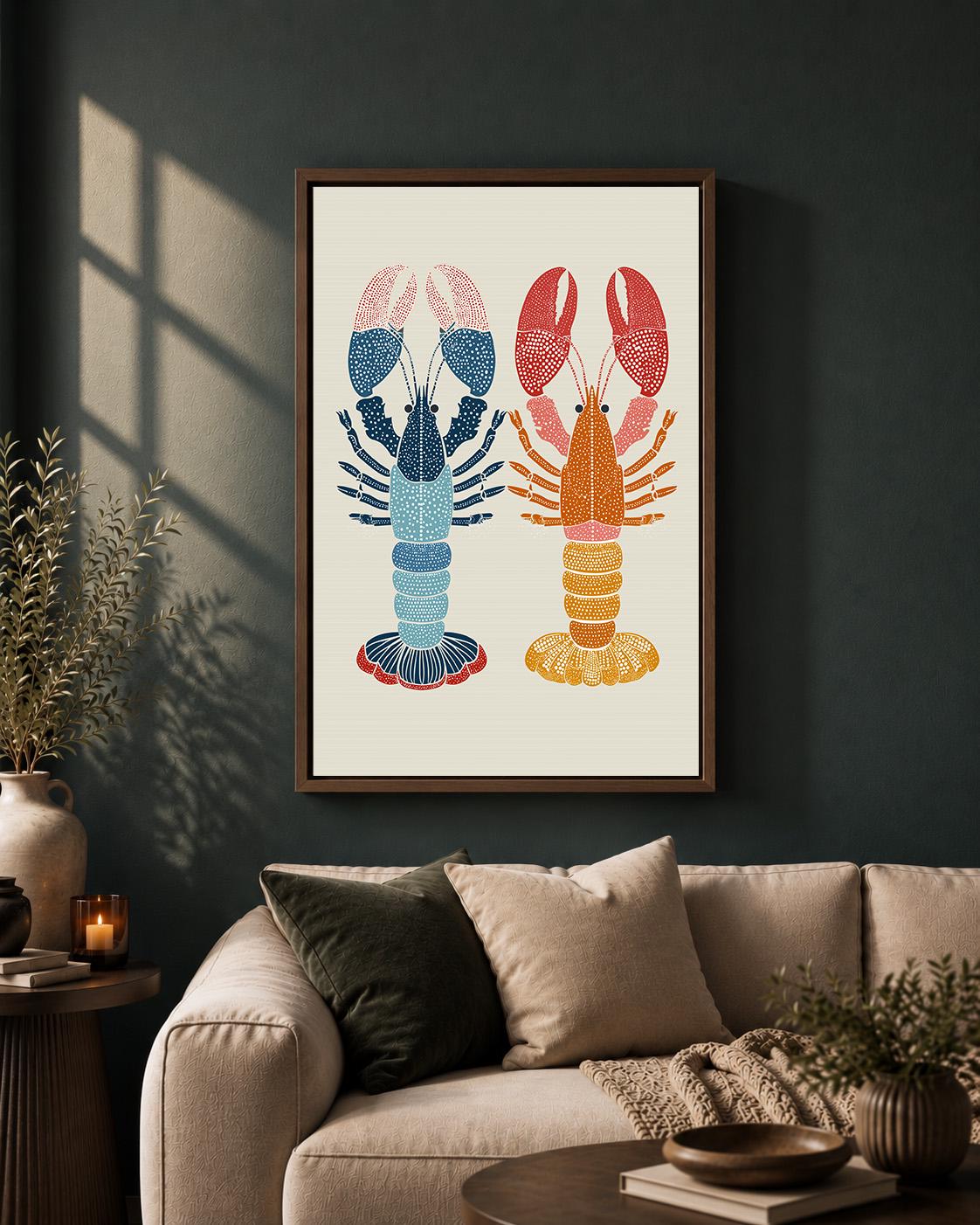 Scandinavian Lobster Folk Art Framed Canvas Print, Coastal Kitchen Decor by The Wall Art Studio - physical