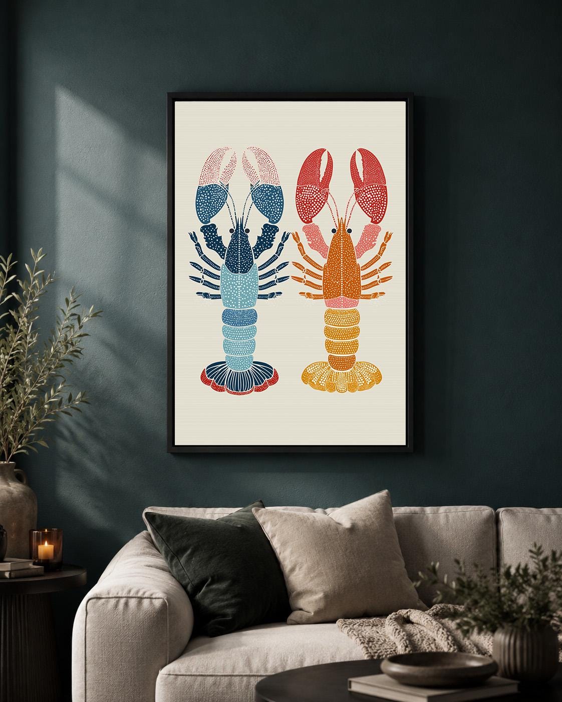 Scandinavian Lobster Folk Art Framed Canvas Print, Coastal Kitchen Decor by The Wall Art Studio - physical