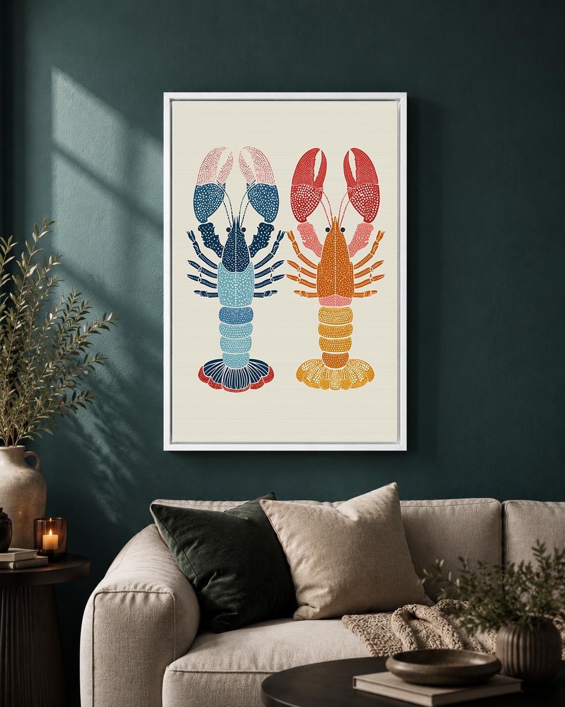 Scandinavian Lobster Folk Art Framed Canvas Print, Coastal Kitchen Decor by The Wall Art Studio - physical