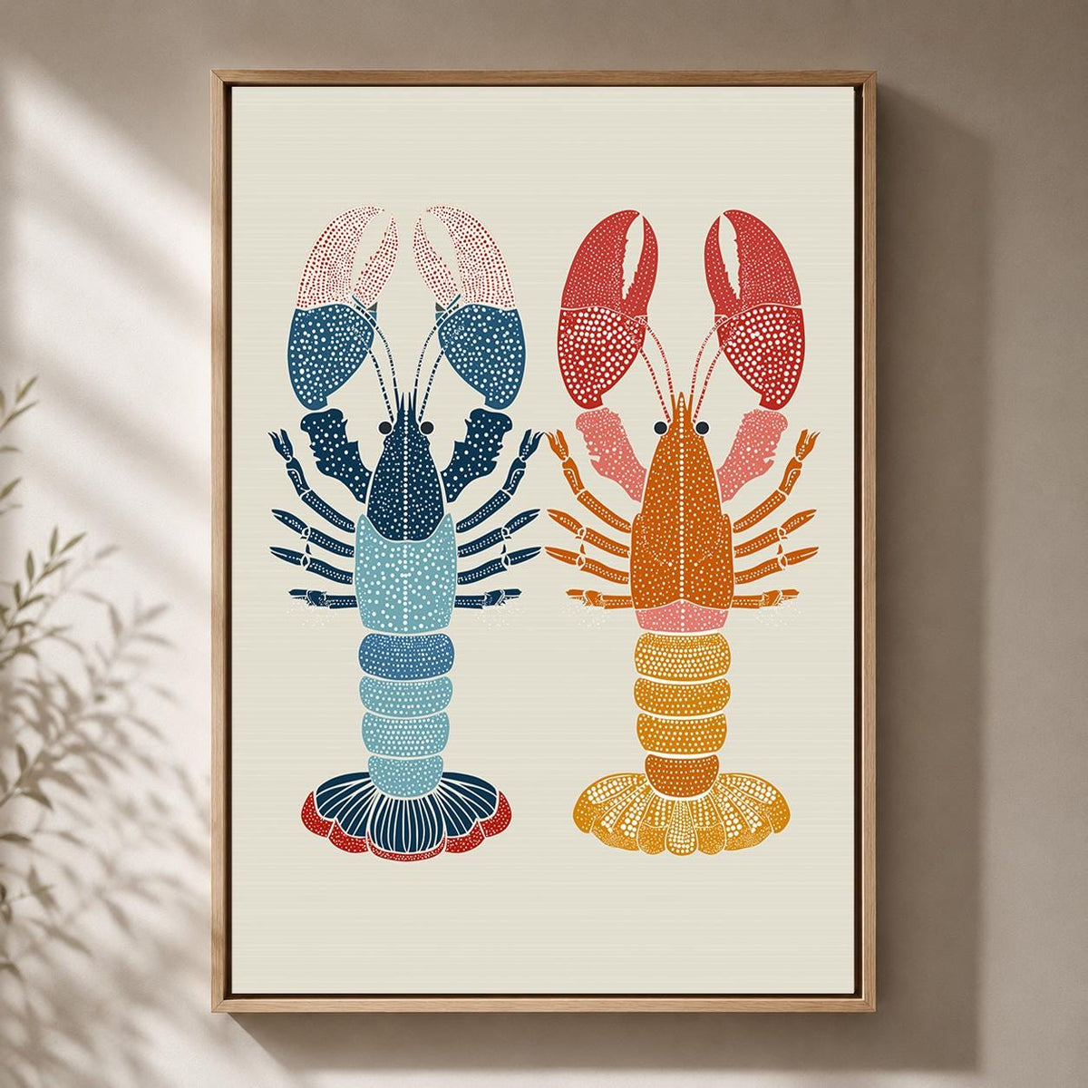 Scandinavian Lobster Folk Art Framed Canvas Print, Coastal Kitchen Decor by The Wall Art Studio - physical