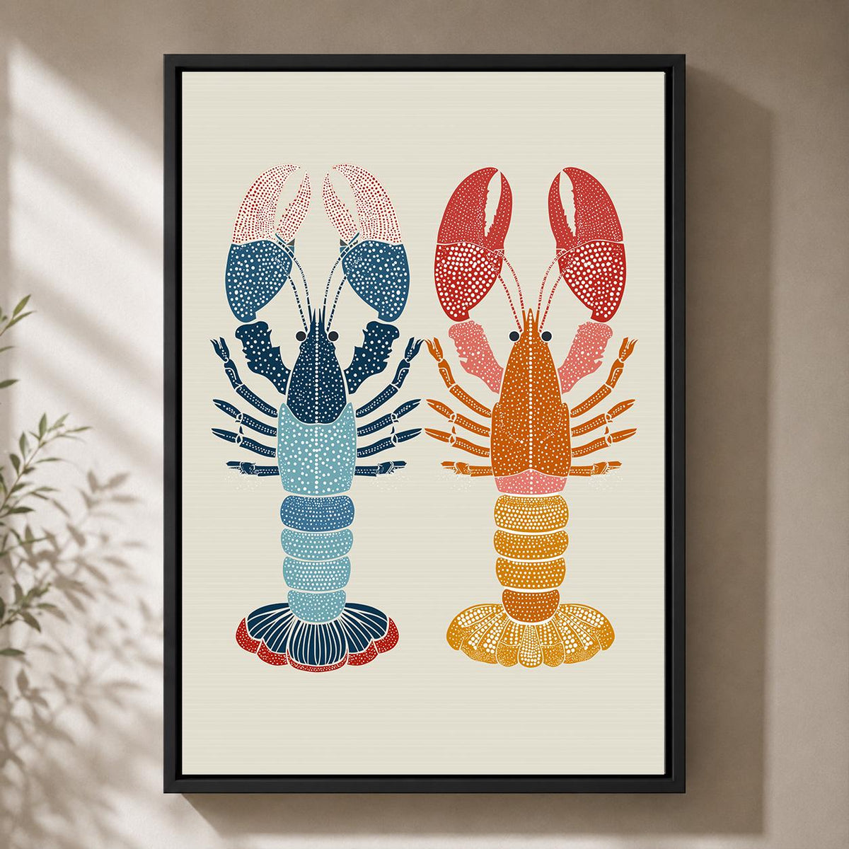 Scandinavian Lobster Folk Art Framed Canvas Print, Coastal Kitchen Decor by The Wall Art Studio - physical