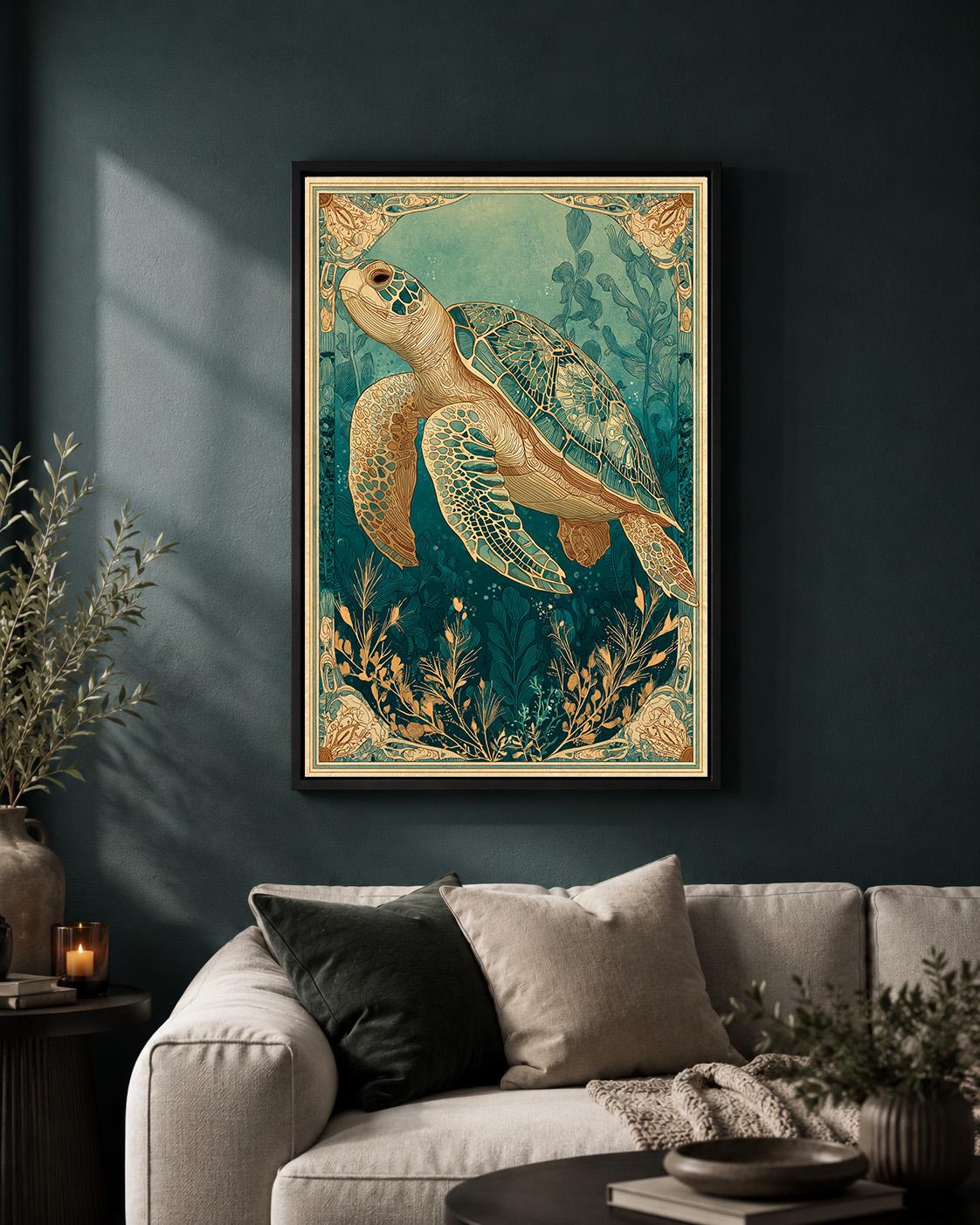 Sea Turtle Framed Canvas Art, Coastal Art Nouveau Print, Ocean Animal Decor by The Wall Art Studio - physical