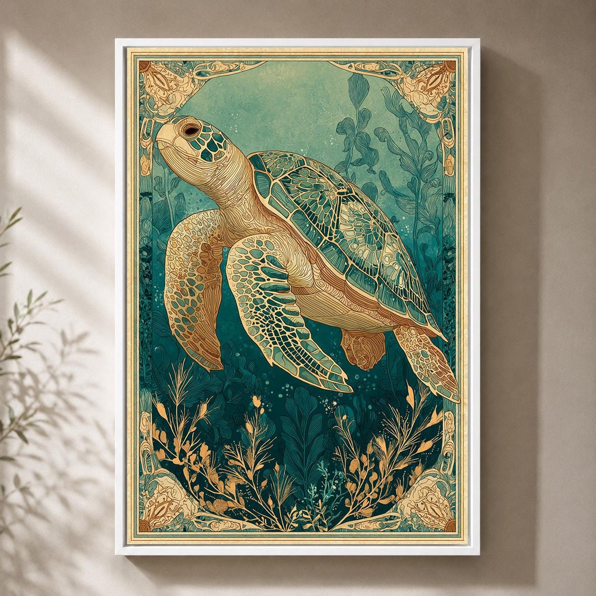 Sea Turtle Framed Canvas Art, Coastal Art Nouveau Print, Ocean Animal Decor by The Wall Art Studio - physical