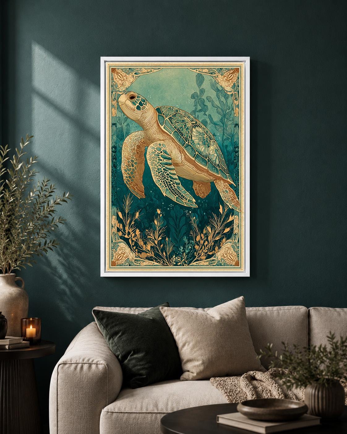 Sea Turtle Framed Canvas Art, Coastal Art Nouveau Print, Ocean Animal Decor by The Wall Art Studio - physical