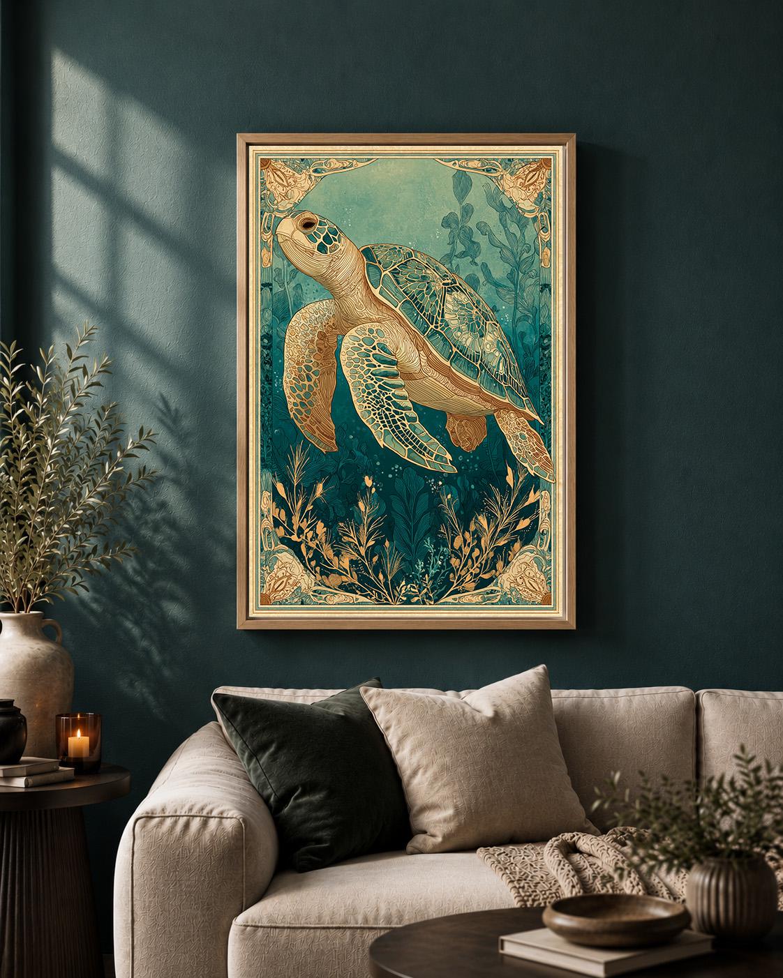 Sea Turtle Framed Canvas Art, Coastal Art Nouveau Print, Ocean Animal Decor by The Wall Art Studio - physical